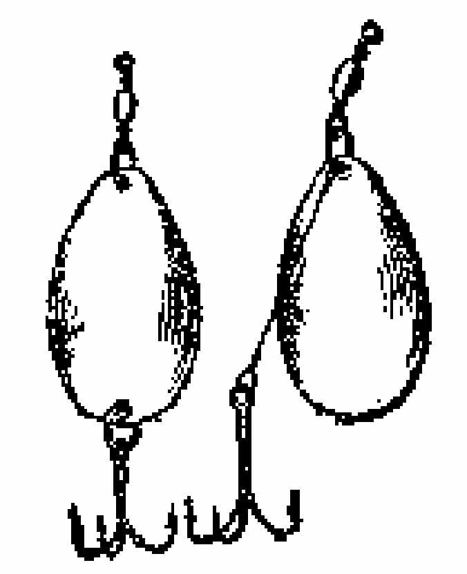 Рис. 71. Блесна-ложка, оснащенная различными способами (слева колеблющаяся, справа вращающаяся).